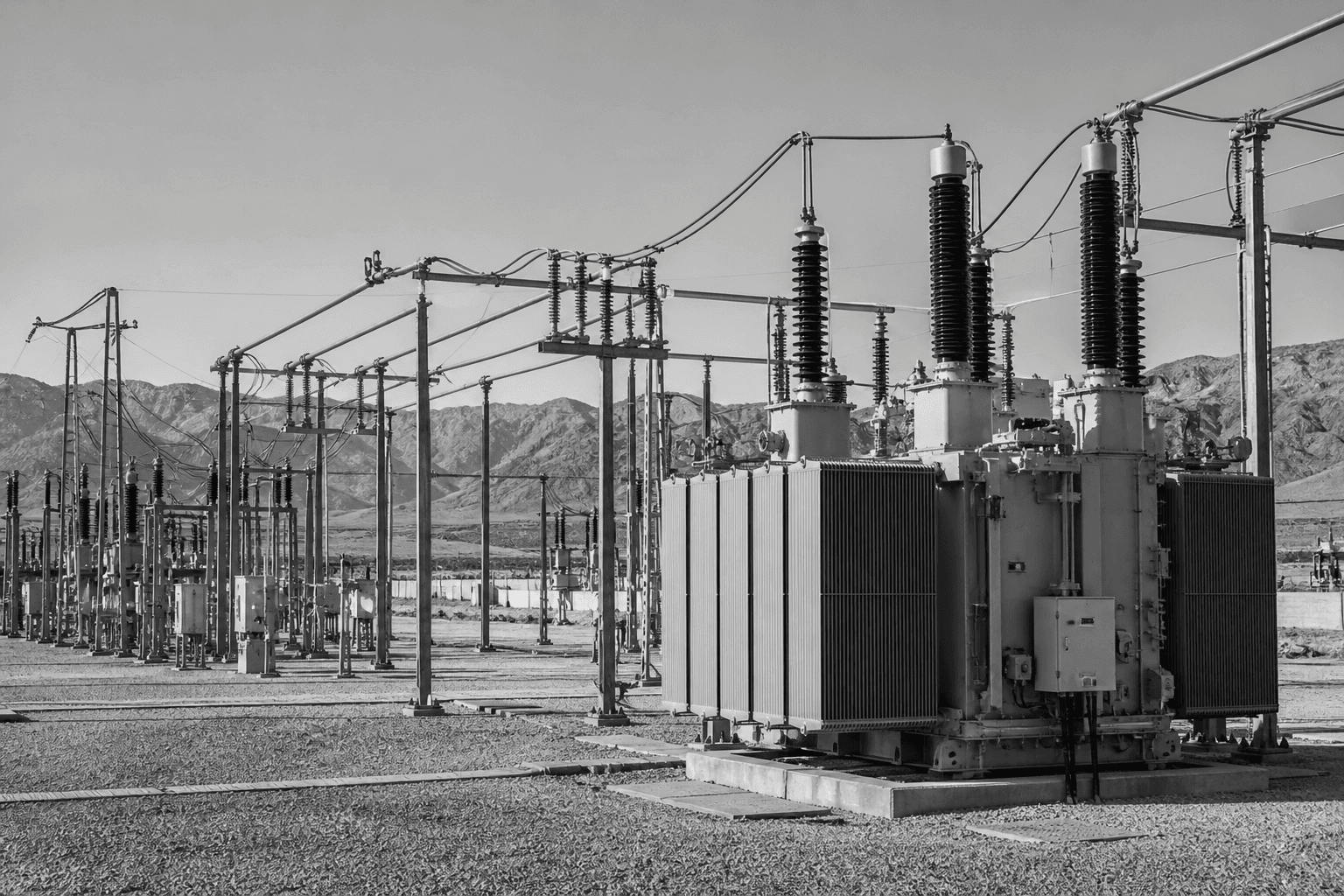 Illustrative black-and-white photograph of transformers and power infrastructure in an electricity substation.
