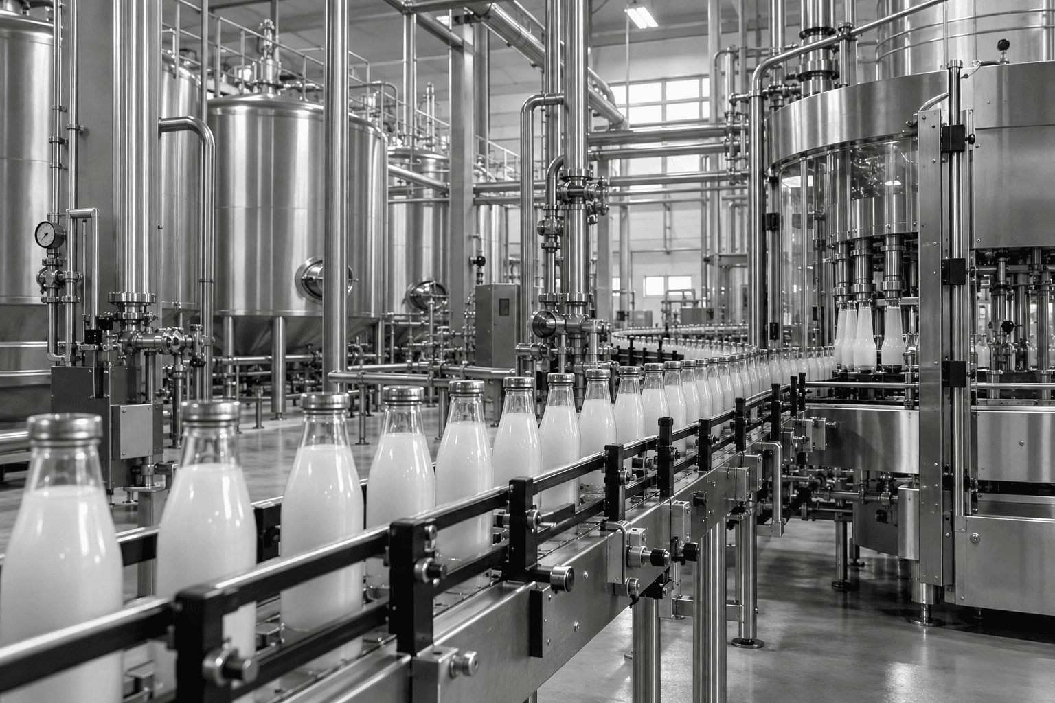Illustrative black-and-white photograph of a hygienic bottling line with stainless-steel production equipment.