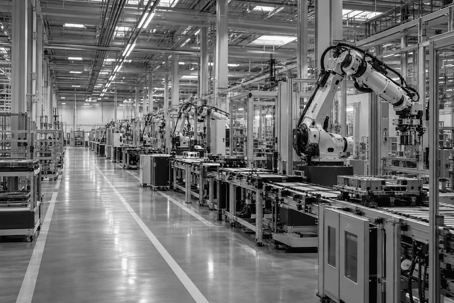 Illustrative black-and-white photograph of robotic assembly cells on a modern manufacturing floor.